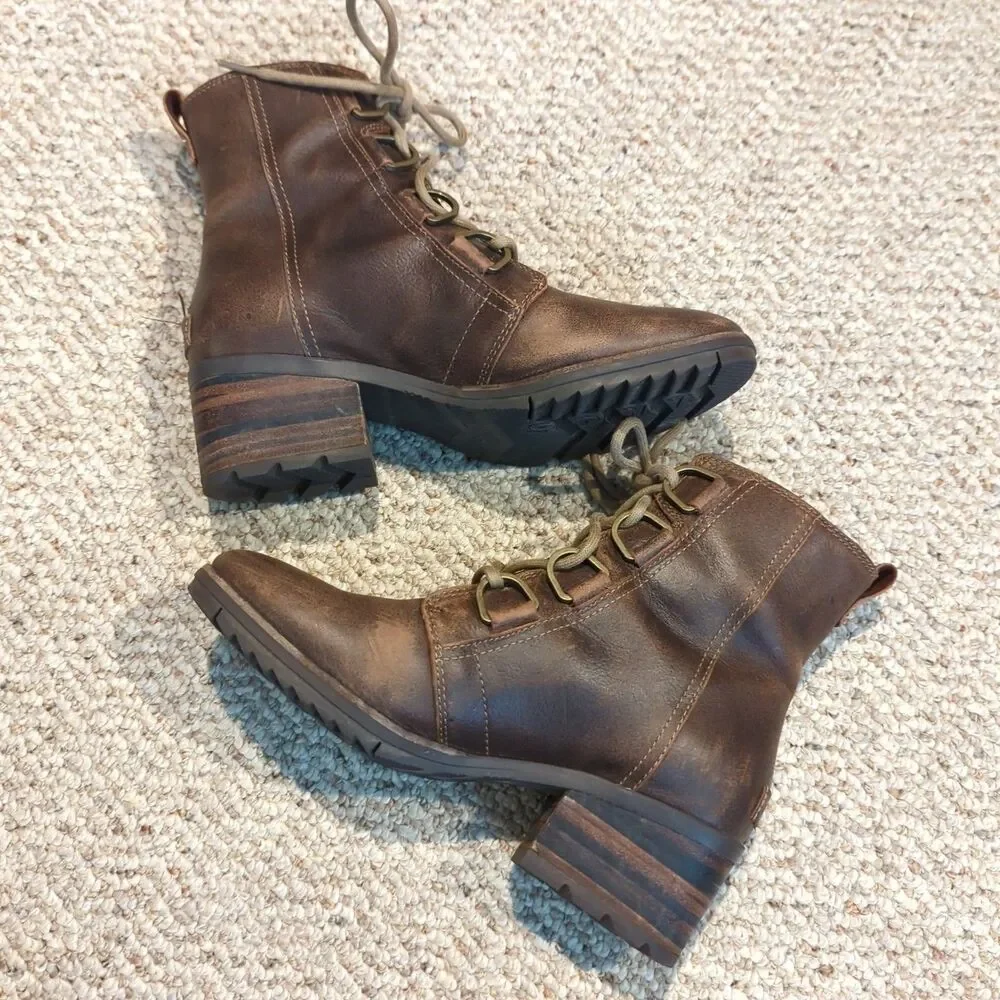 Sorel Cate Lace Up Ankle Boots Womens 8 Brown Leather Block Heel